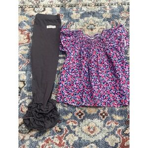 Busy Bees Smocked Top Sew Sassy Ruffle Leggings Girls 2 Pink Floral Set EUC